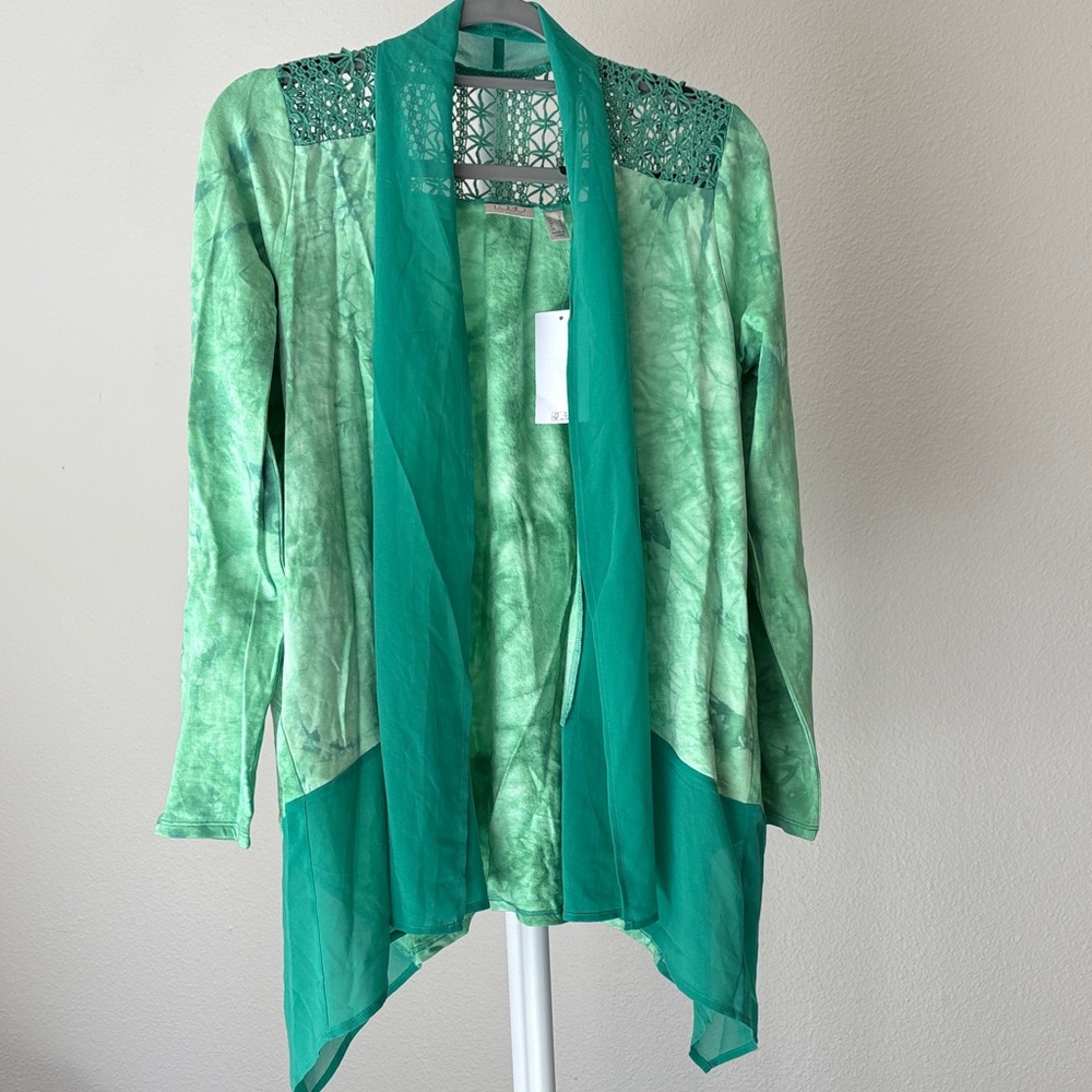 LOGO by Lori Goldstein Green Cardigan with Sheer Detail
